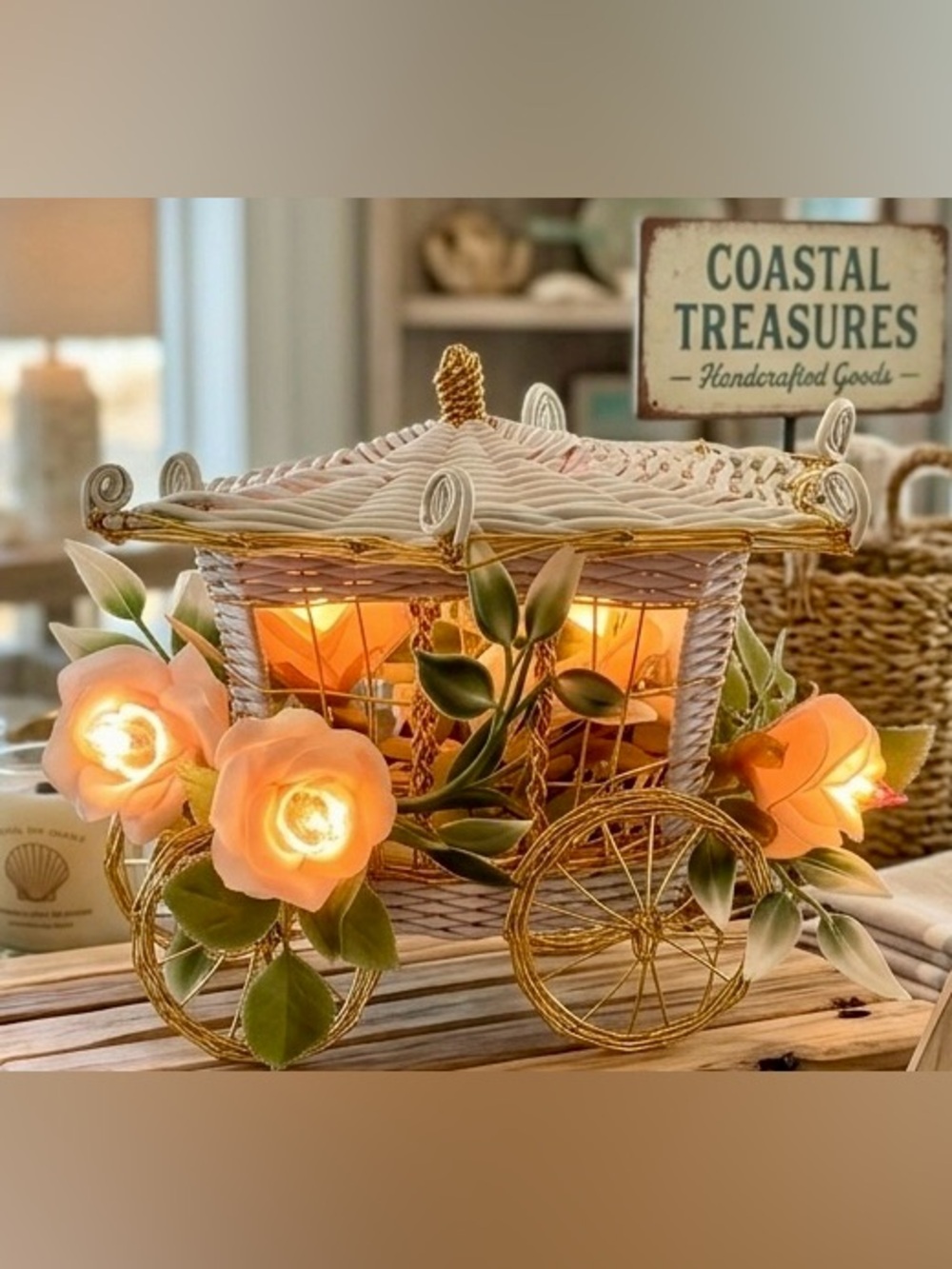 Coach Cream Wicker Floral Lantern Carriage with Gold Accents